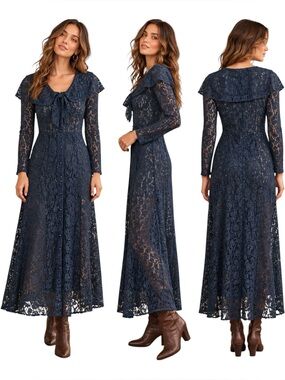 Vintage Sheer Lace Maxi Dress Cape Collar Tie Button Front Long Sleeve Size 8